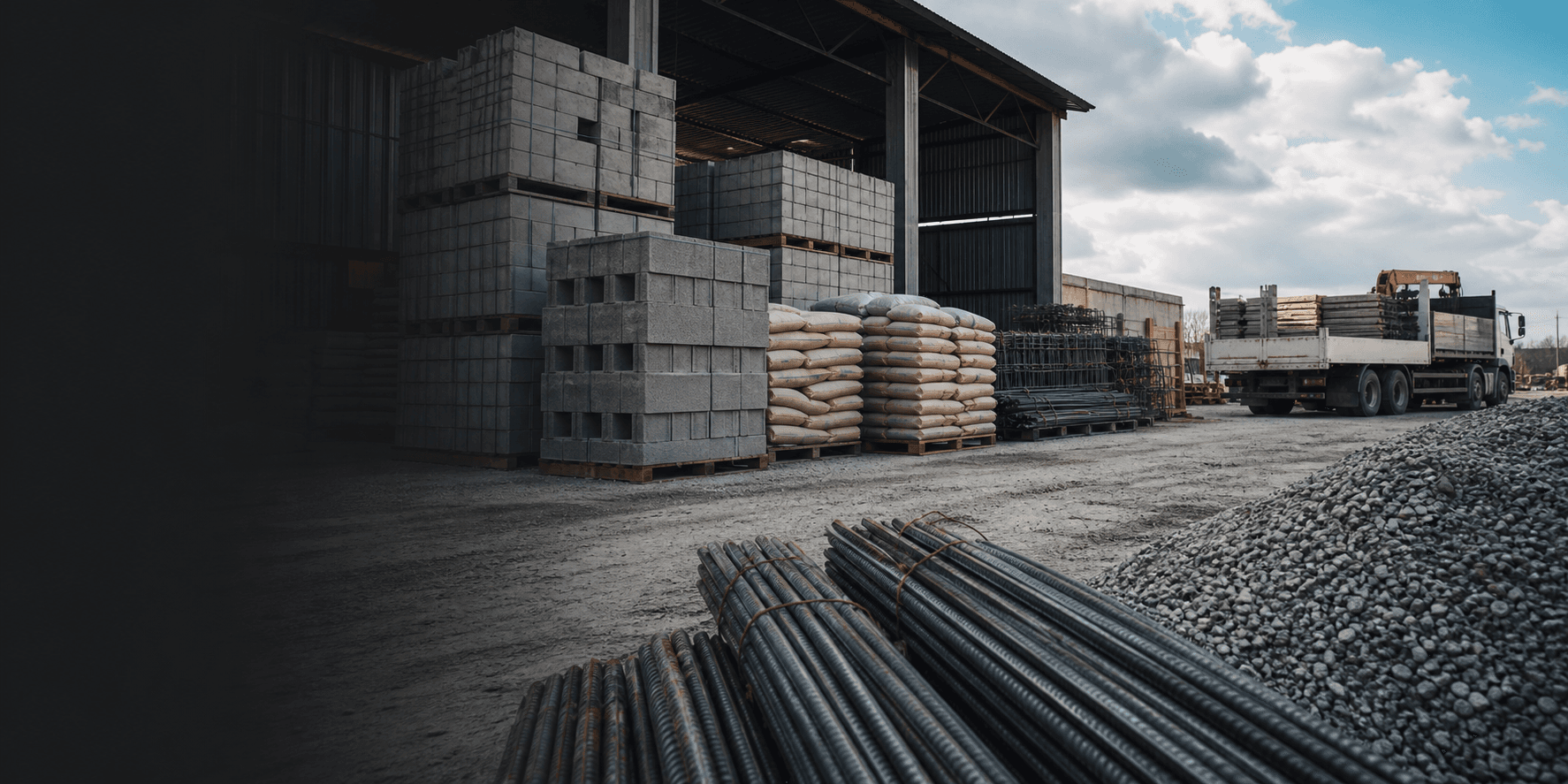Patio industrial con materiales de construccion, block, cemento, grava y transporte